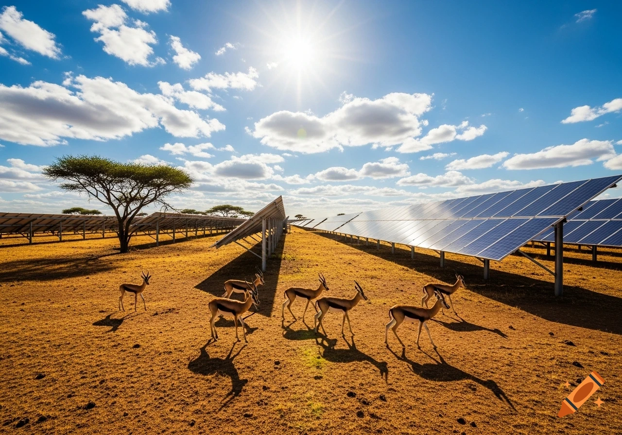 Gazelles walk in a dry savanna with rows of solar panels under a bright sunny sky with clouds and an acacia tree.