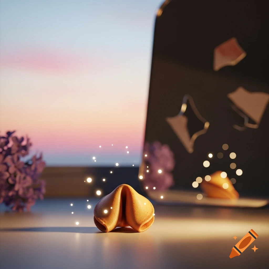 A fortune cookie surrounded by sparkling light spots, set against a dreamy pastel sunset sky and a dark reflective surface.
