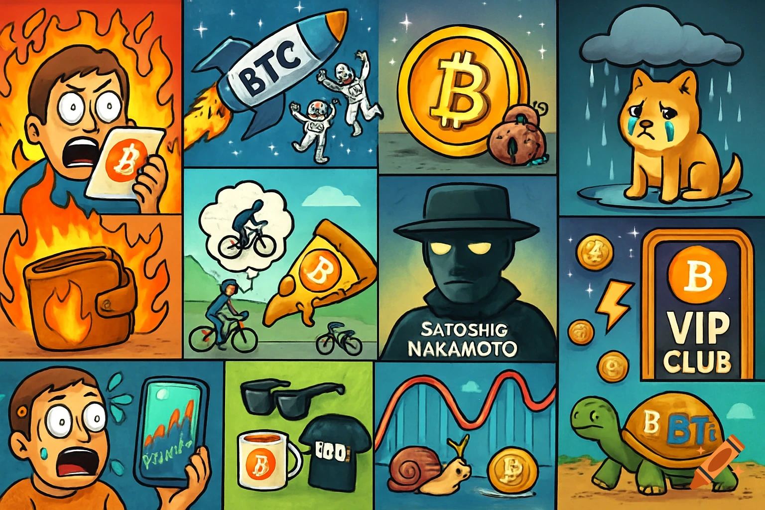 A 3x4 grid of colorful cartoon panels depicting various Bitcoin-related memes and scenarios, like a rocket labeled BTC, a sad Doge, and Satoshi Nakamoto.
