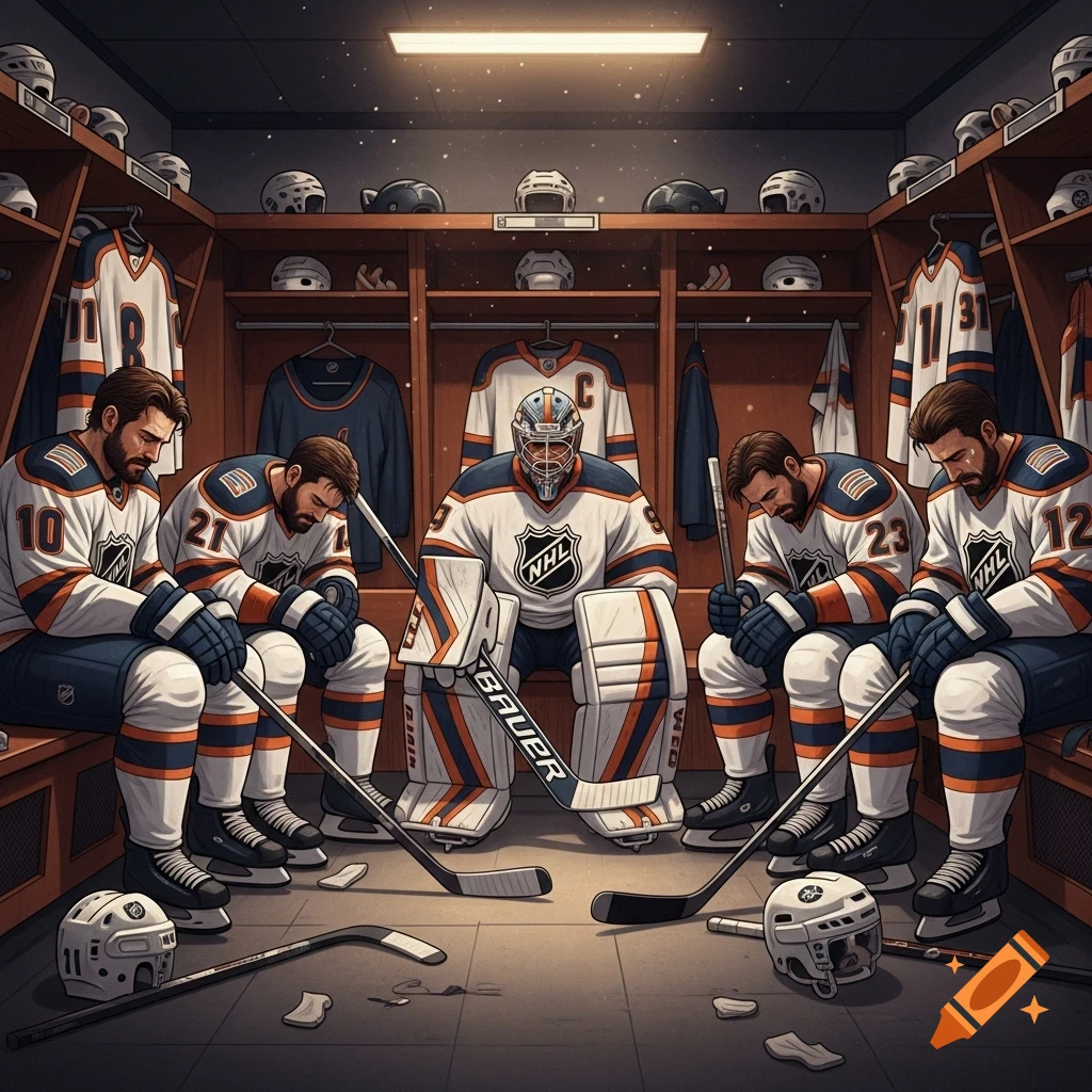 Somber hockey players in full gear sit in a locker room, looking downcast after a game.