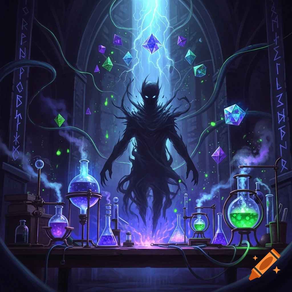 A dark, shadowy, horned figure with glowing eyes stands in a mystical ...