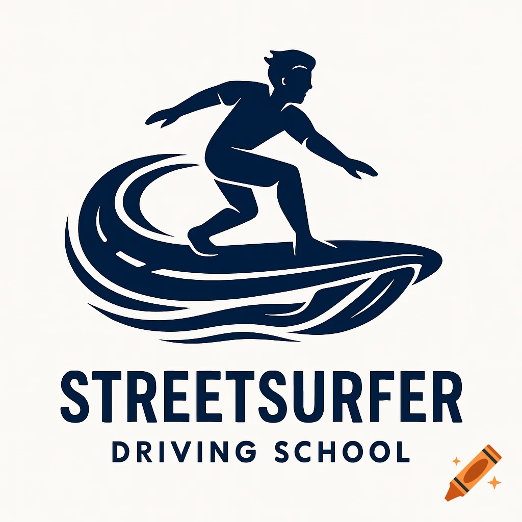 Dark blue logo of a surfer on a surfboard that integrates wave and road elements, with 'STREETSURFER DRIVING SCHOOL' text.
