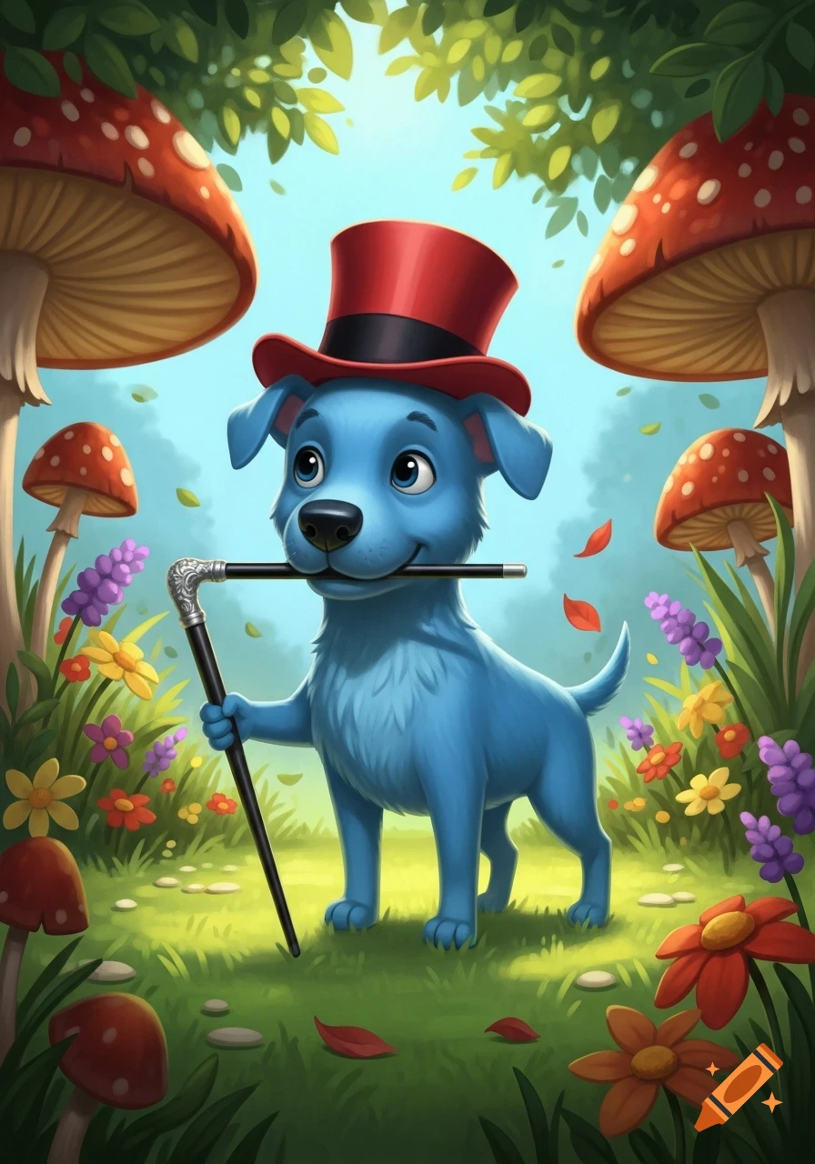 A blue cartoon dog in a red top hat holds a cane, standing in a vibrant fantasy forest with mushrooms and flowers.