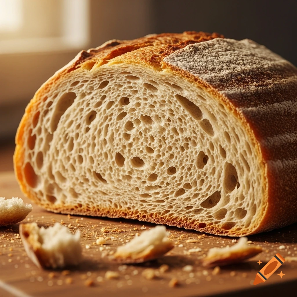 Close-up of a rustic, half-loaf of bread, sliced to show its airy crumb, with crumbs on a wooden surface.