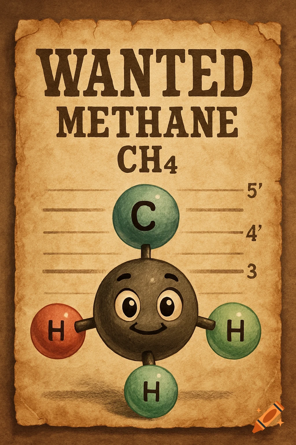 A cute cartoon methane molecule, CH4, on an old wanted poster with a height chart. It has big eyes and a smile.