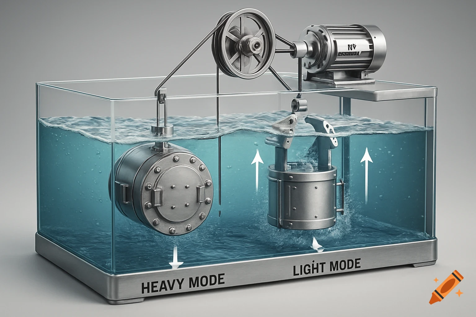 A 3D industrial render of a wave-powered dual-cylinder generator system in a transparent water tank. The left cylinder, labeled "HEAVY MODE", is submerged, while the right cylinder, labeled "LIGHT MODE", is partially out of water with water flowing through it. Both are connected by cables to a pulley and a motor on top.