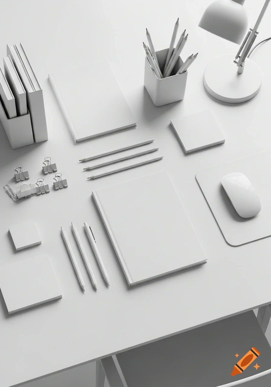 Top-down view of a minimalist white desk with notebooks, pencils, pens, binder clips, a desk lamp, mouse, and mouse pad.