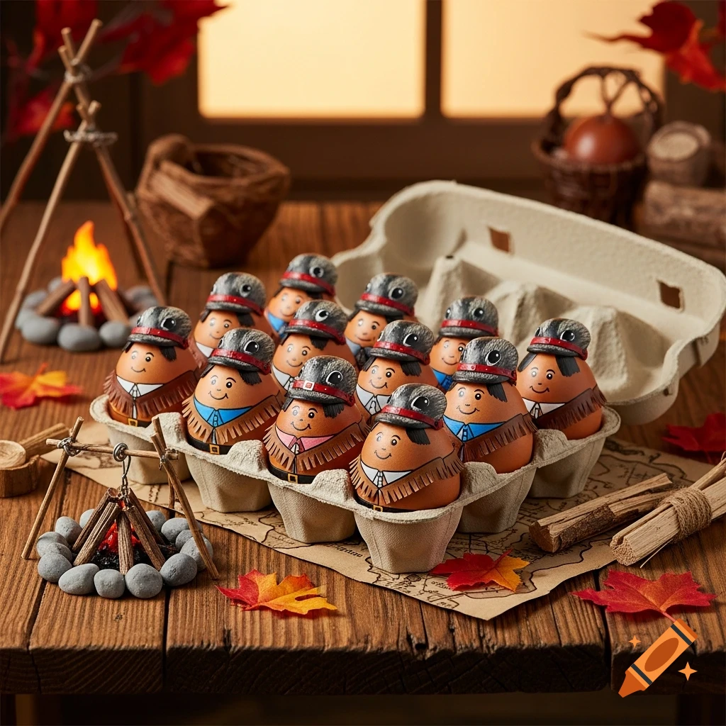A carton of eggs decorated as frontiersmen, resembling Daniel Boone, sit on a rustic wooden table with autumn leaves, mini campfires, and camping accessories.