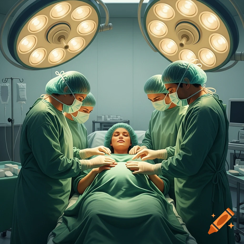 A pregnant woman lies on an operating table under bright surgical lights, surrounded by four doctors in green scrubs and masks, hands on her belly.
