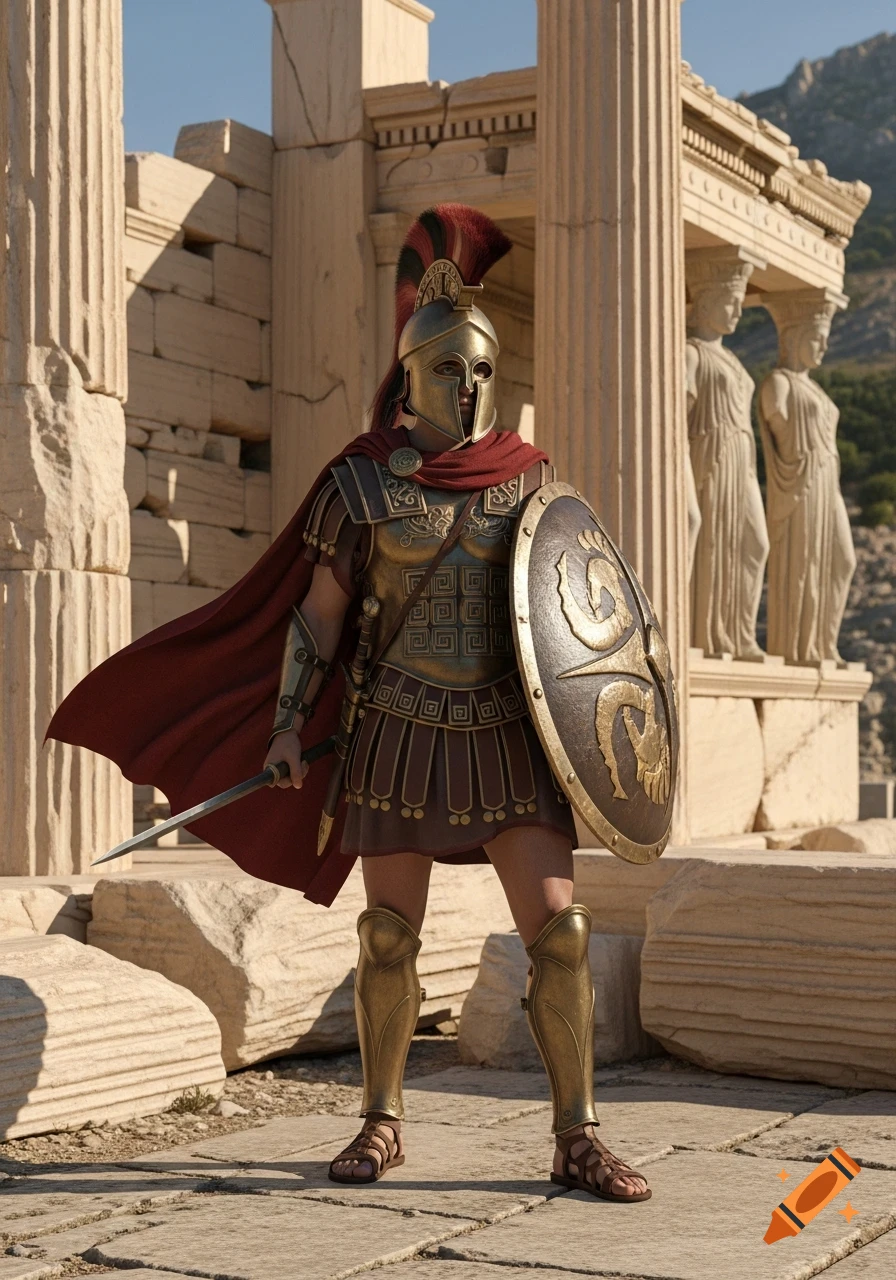 A photorealistic depiction of an ancient Greek soldier in armor, holding a sword and shield, standing among stone ruins.