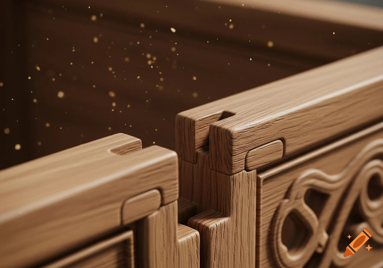 Ultra close-up macro shot of traditional Chinese mortise and tenon woodworking joints with detailed wooden texture and airborne particles, realistic.