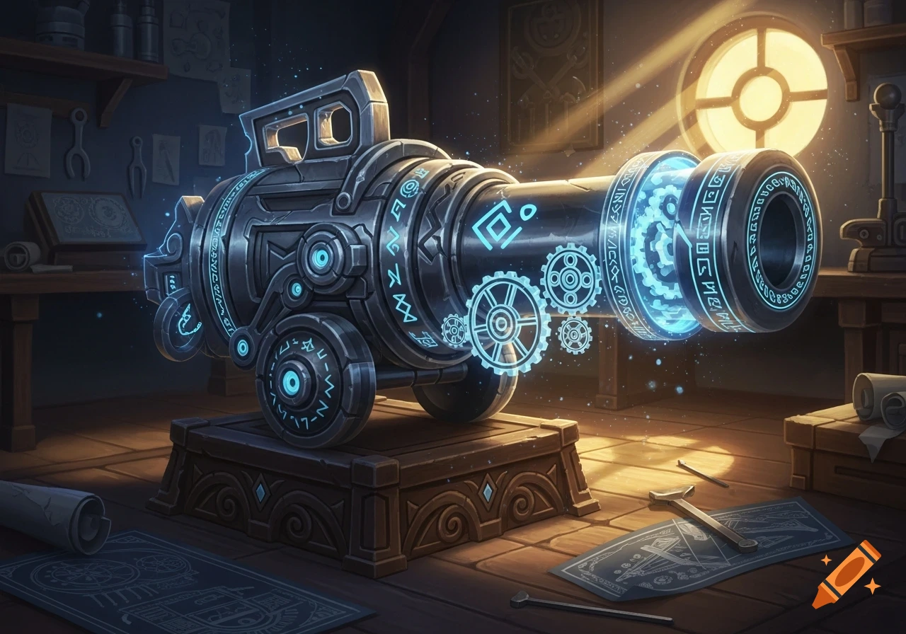 A stylized magical cannon with glowing blue runes and gears sits on a wooden stand in a dimly lit workshop, illuminated by a window.