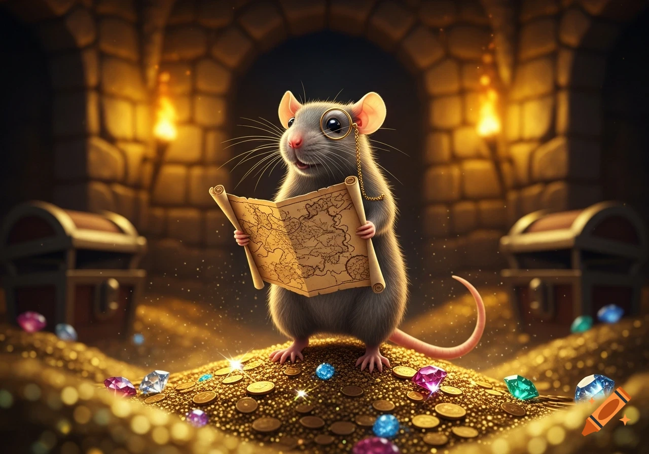 A cute rat wearing a monocle holds a treasure map, standing on a pile of gold coins and gems in a torch-lit dungeon.