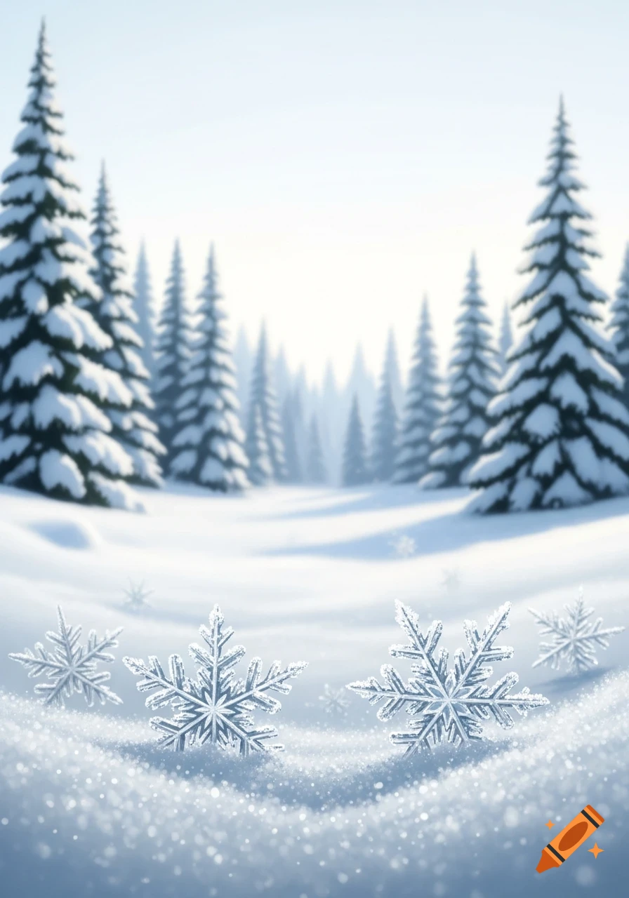 A serene snowy winter landscape with pine trees and sparkling snowflakes in the foreground.