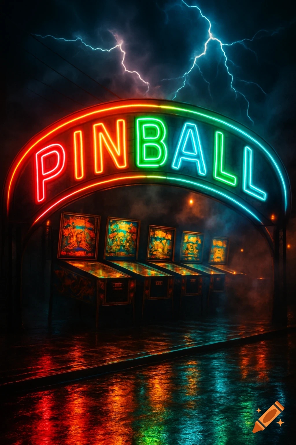 A neon arching sign spelling PINBALL in red, green, and blue, illuminates several pinball machines on a wet street under a lightning storm.