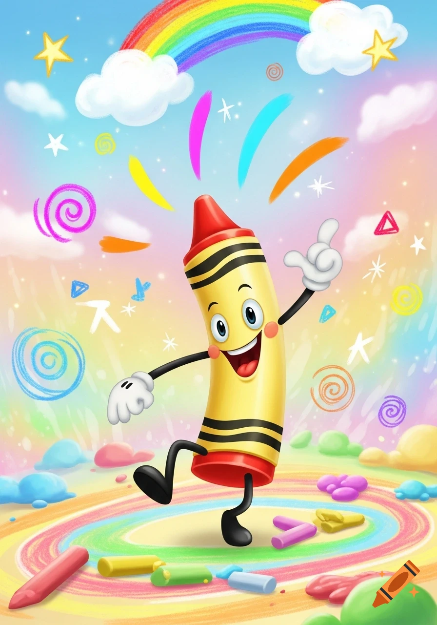 A smiling anthropomorphic yellow crayon character with a red tip stands in a whimsical, colorful landscape with a rainbow and scattered crayon pieces.