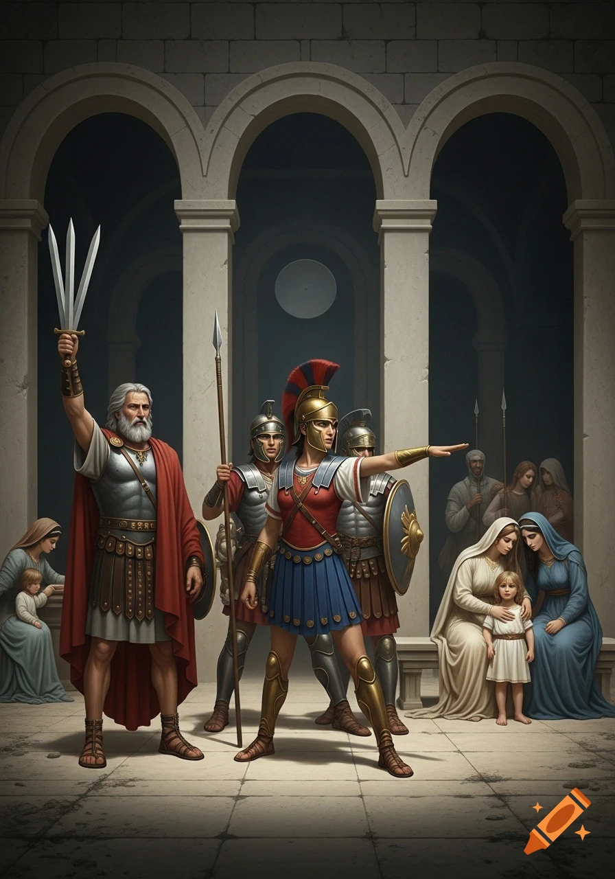 A bearded man holding three swords aloft stands next to a female warrior pointing forward, surrounded by other soldiers and women with children, under arched columns in a classical setting.