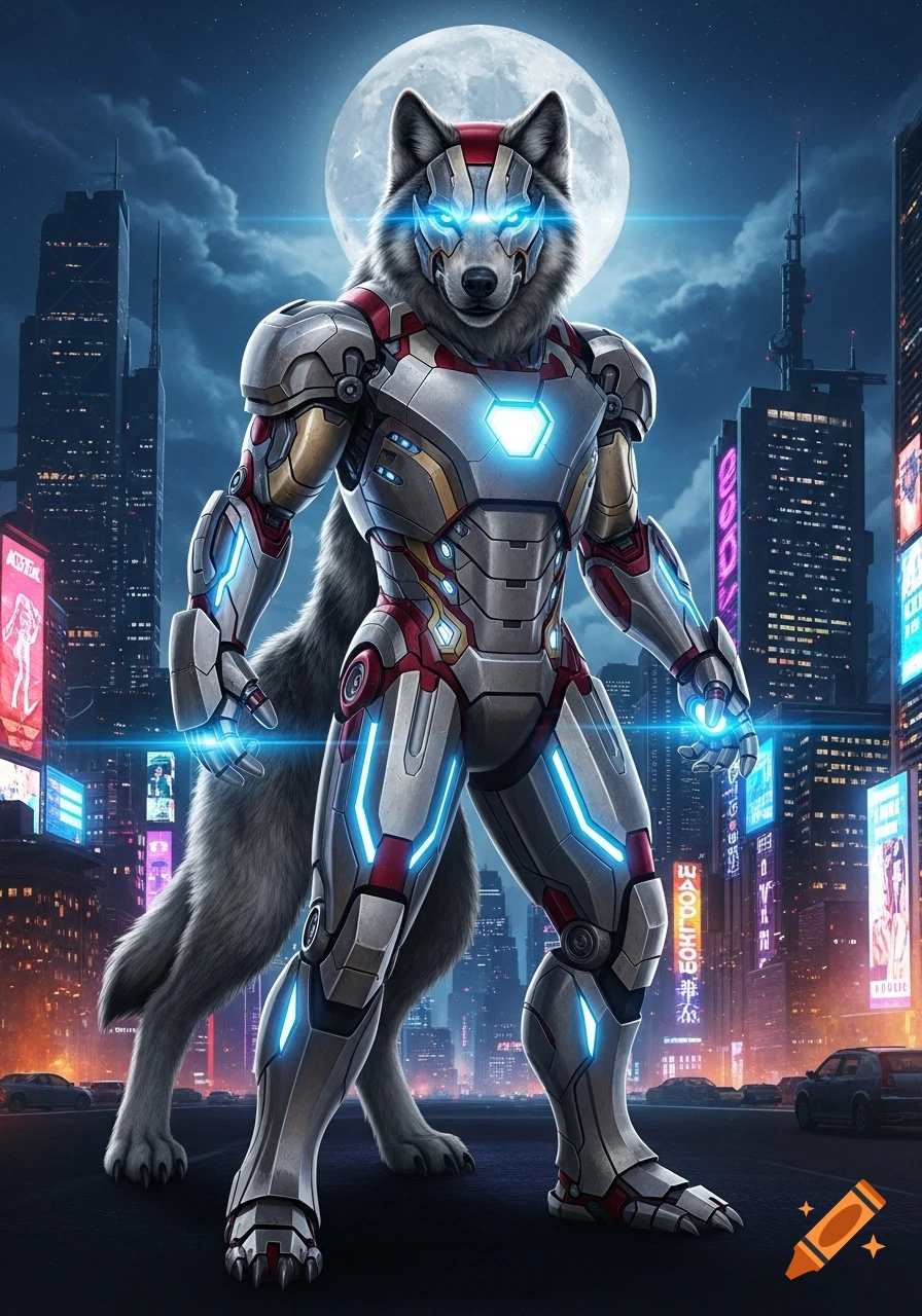 A wolf-headed being in Iron Man armor with glowing blue accents stands in a neon-lit cityscape under a full moon.