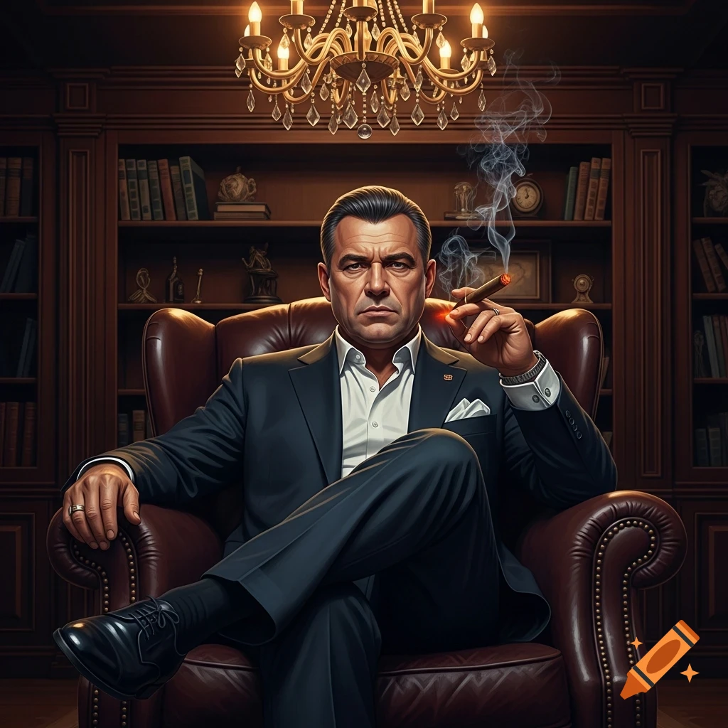 A serious man in a suit sits in a leather armchair, smoking a cigar in a luxurious, wood-paneled study with a chandelier.