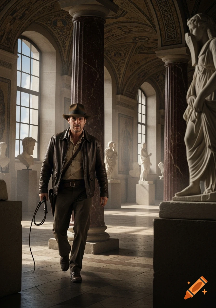 Photorealistic image of Indiana Jones, in a leather jacket and fedora, holding a whip in a grand museum with statues and ornate ceilings.