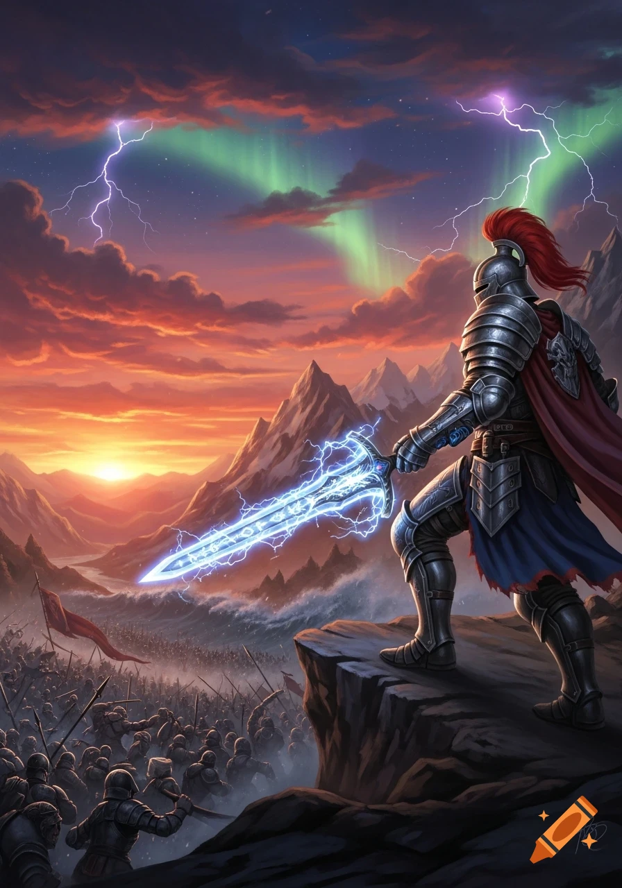 A knight on a cliff overlooks an epic battlefield with a glowing blue sword, set against a dramatic sunset, aurora, and lightning-filled sky.