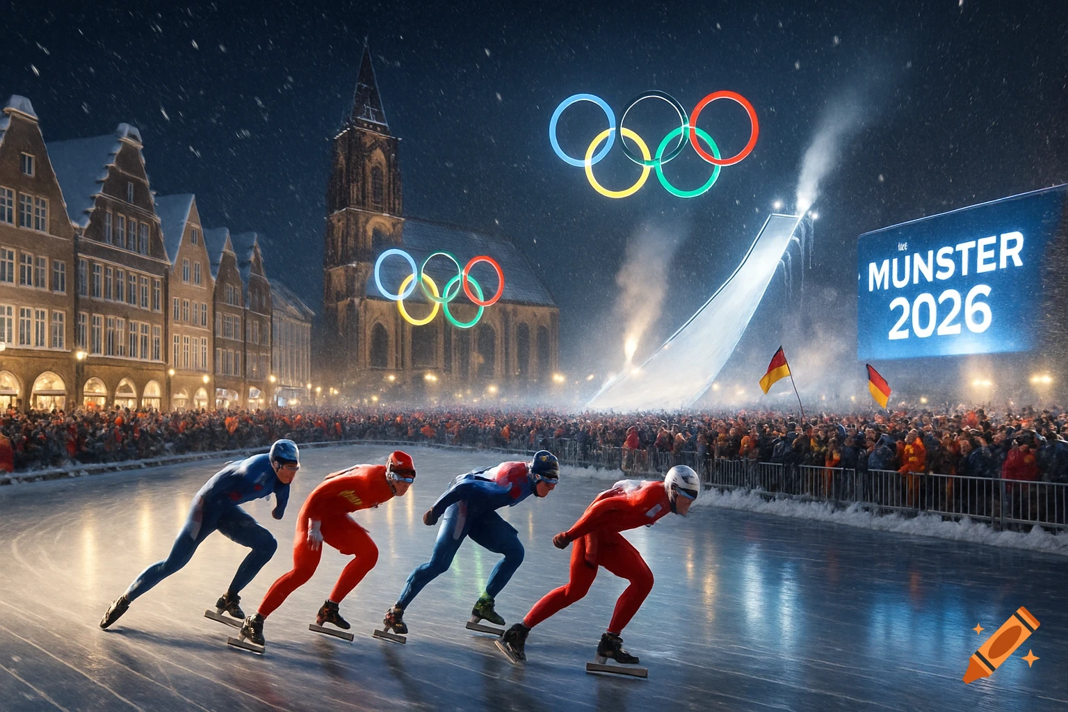 Speed skaters on ice in snowy Münster at night during a winter Olympics event, with glowing Olympic rings and historic buildings.