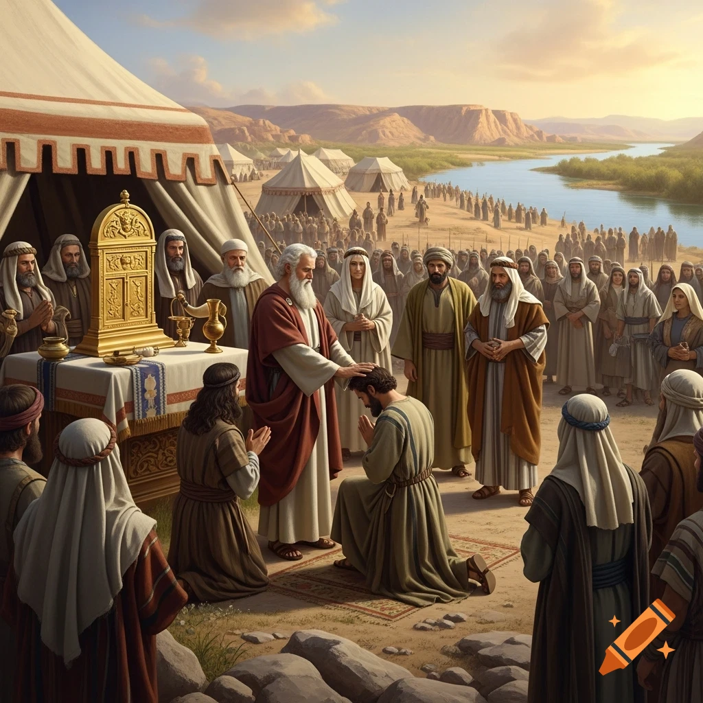 An old, bearded man anoints a kneeling man before a golden chest, surrounded by robed figures in a desert camp beside a river.