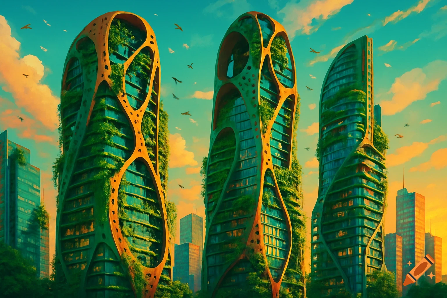 Three vibrant, eco-friendly futuristic buildings covered in green foliage with large cutouts, against a colorful sunset sky.