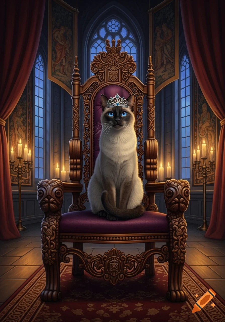 A majestic Siamese cat wearing a silver crown sits on an ornate golden and purple throne in a grand gothic hall.