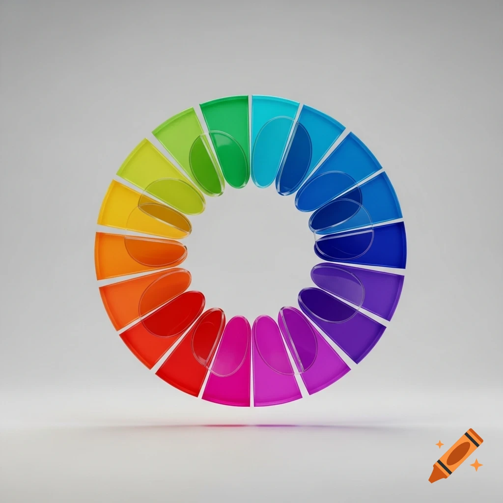 A vibrant color wheel made of translucent segmented pieces, forming a ring with each segment slightly detached, on a white background.