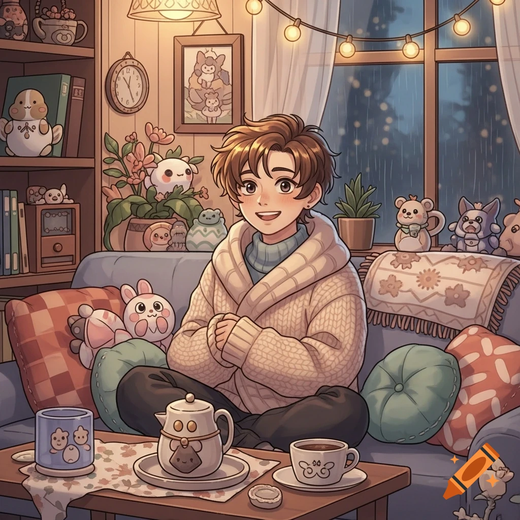 A smiling young person sits cross-legged on a sofa in a cozy, cluttered room with plants, string lights, and cute stuffed animals, drinking tea in an anime style.