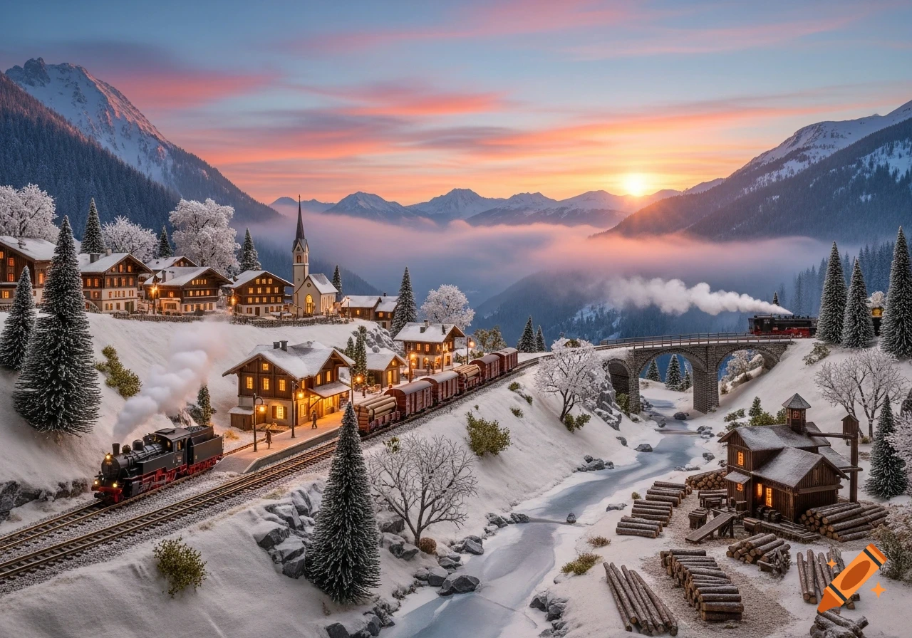 Photorealistic H0 model train set of a snowy mountain village at sunrise, with trains, houses, a church, and a sawmill.