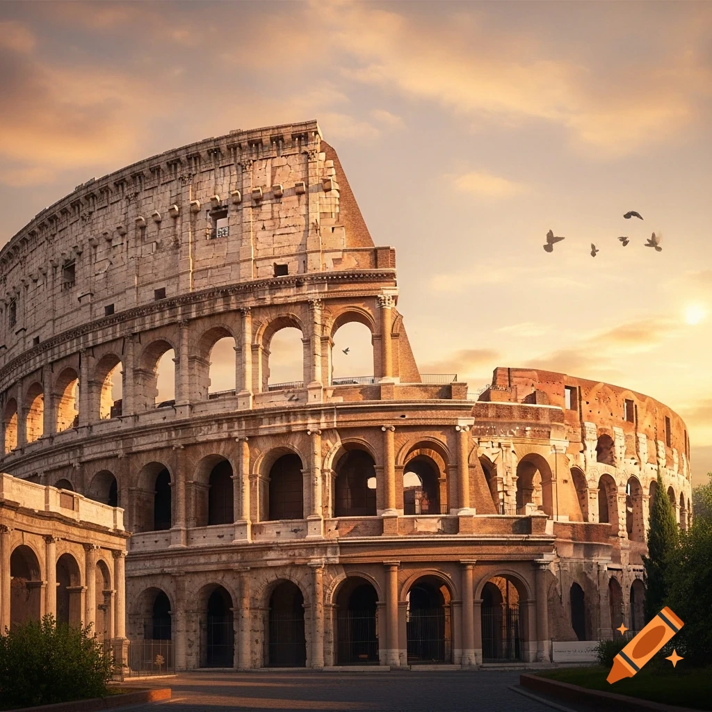 Photorealistic image of the ancient Colosseum in Rome at sunset, with birds flying in the orange sky.