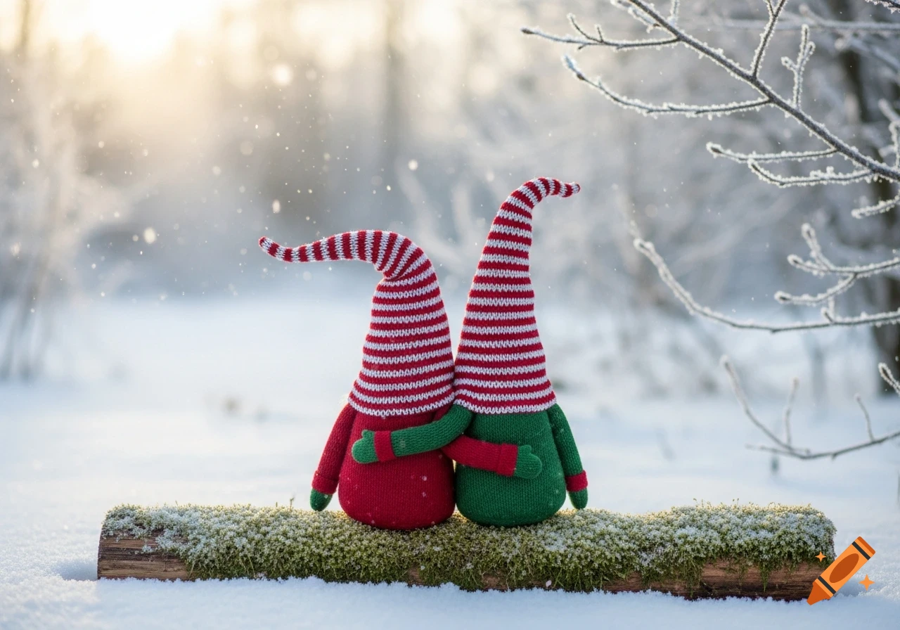 Two red and green gnomes with striped hats sit arm in arm on a mossy log in a snowy winter landscape, photorealistic.