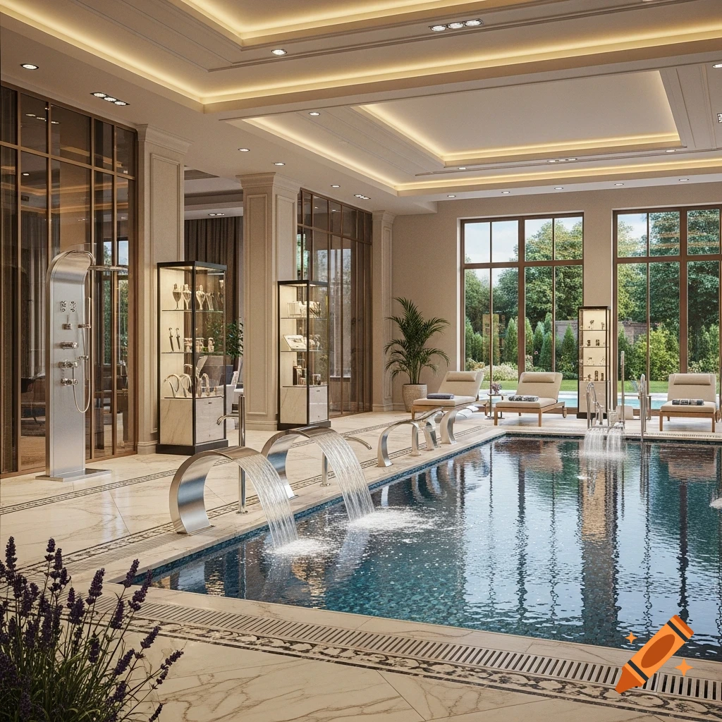 Luxurious indoor swimming pool with arched water features, lounge chairs, display cases, and large windows viewing a garden.