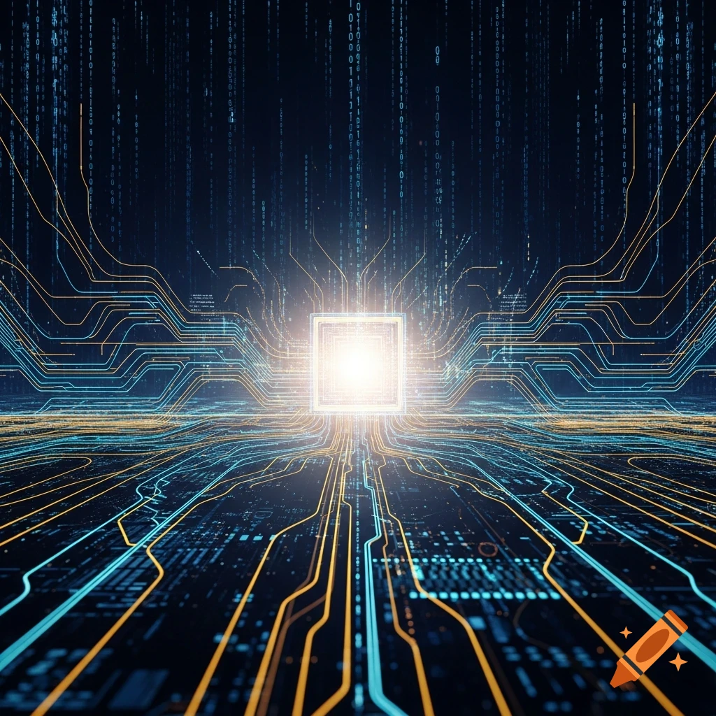 A bright glowing square at the center of intricate blue and orange circuit lines, with falling binary code in a dark, high-tech digital art style.