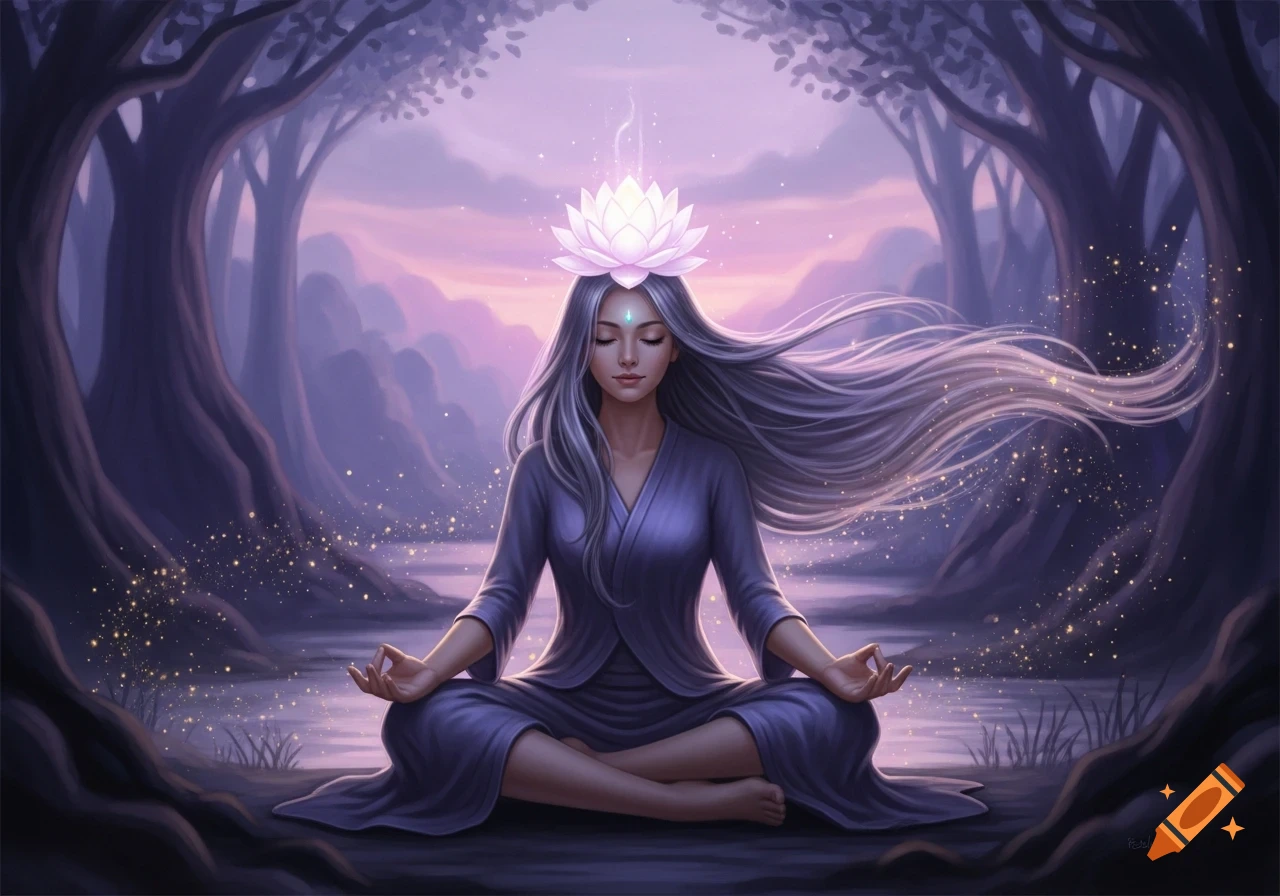 A woman with long silver hair meditates in a purple robe, seated cross-legged in a mystical, purple-hued forest with a glowing lotus on her head and sparkling dust.