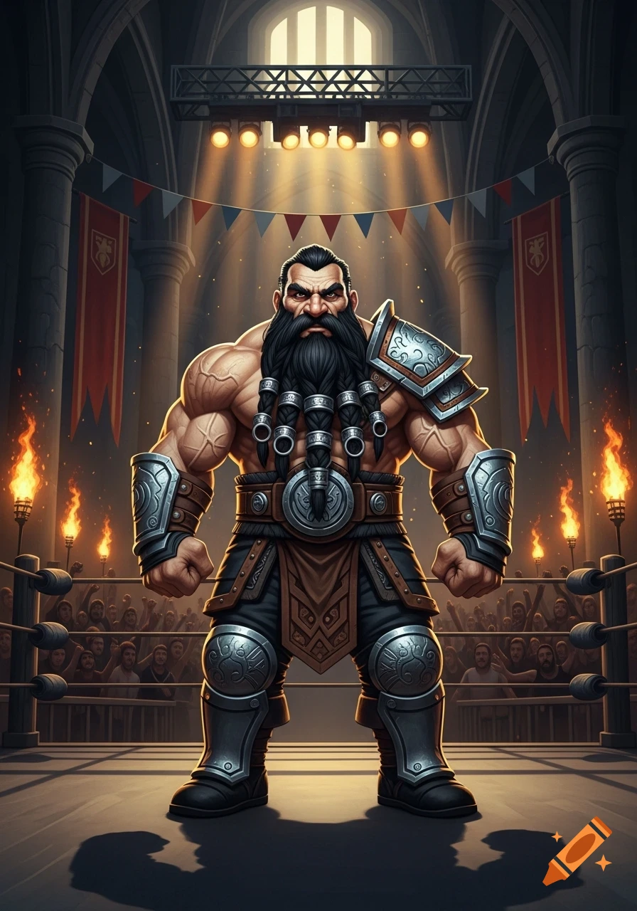 A muscular fantasy dwarf wrestler with a long black braided beard stands powerfully in a torch-lit medieval wrestling arena before a cheering crowd.