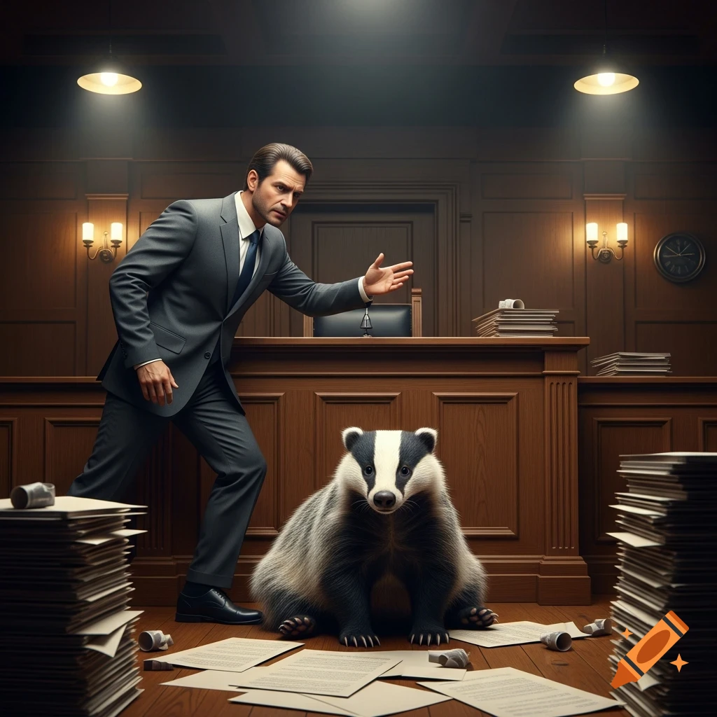 An attorney in a suit argues while a badger sits on the floor of a courtroom amidst scattered papers.