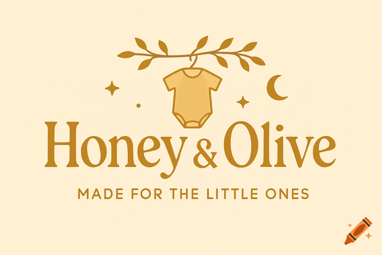 A baby brand logo with 'Honey & Olive' text, a onesie hanging from a leafy branch, stars, and a moon on a beige background.