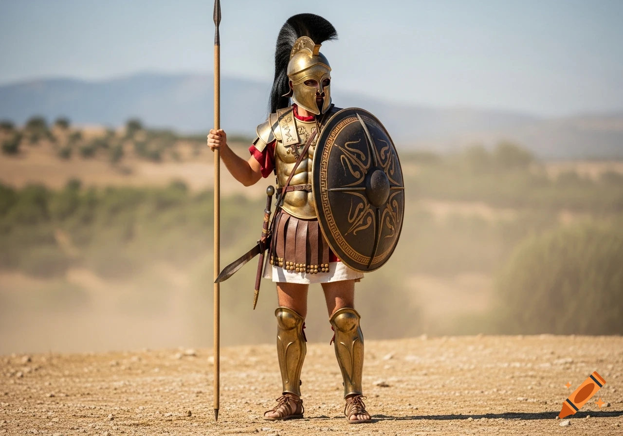A photorealistic depiction of an ancient Greek soldier in full bronze armor, holding a spear and shield, standing in a dusty, arid landscape.