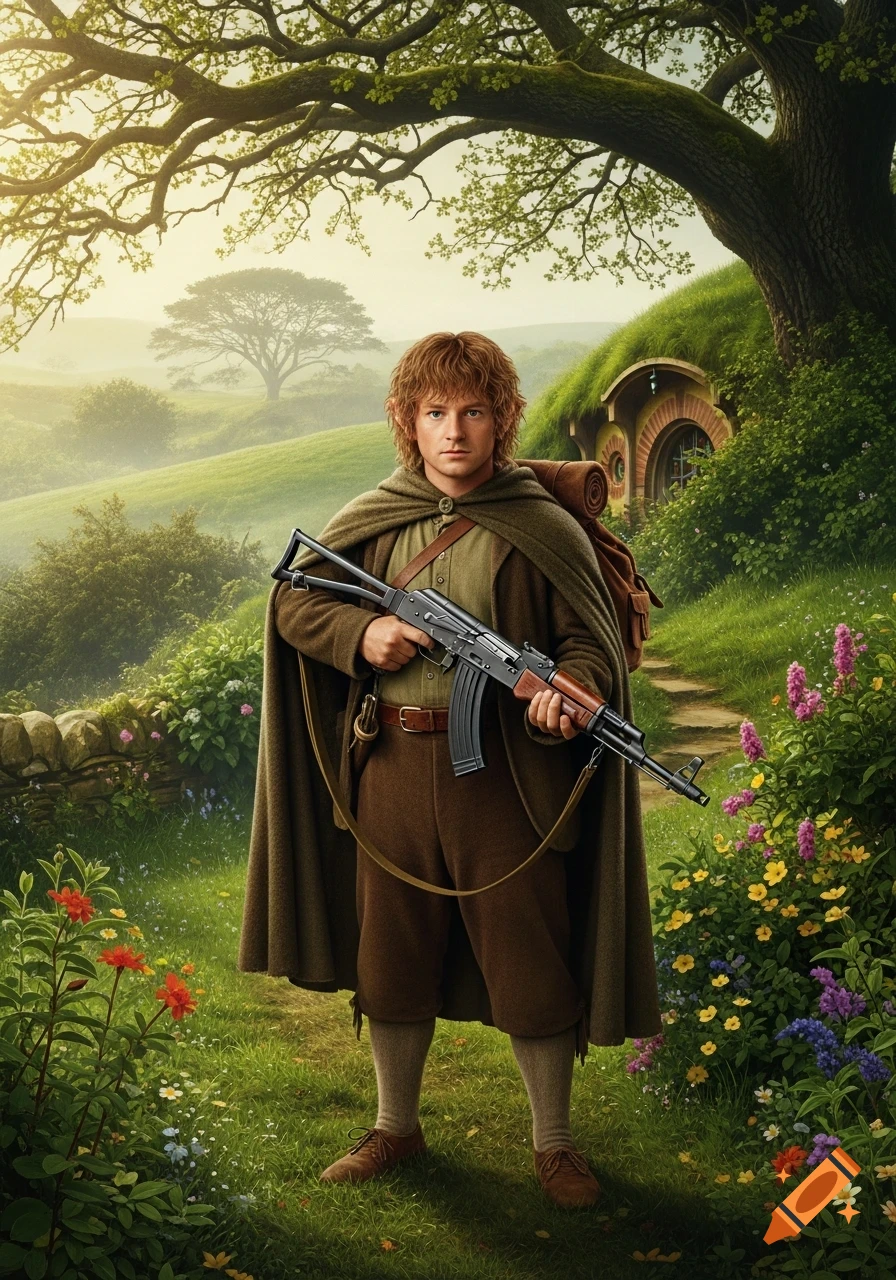A photorealistic image of a hobbit-like character holding an AK-47 in a lush, green Shire-like landscape with a hobbit hole in the background.
