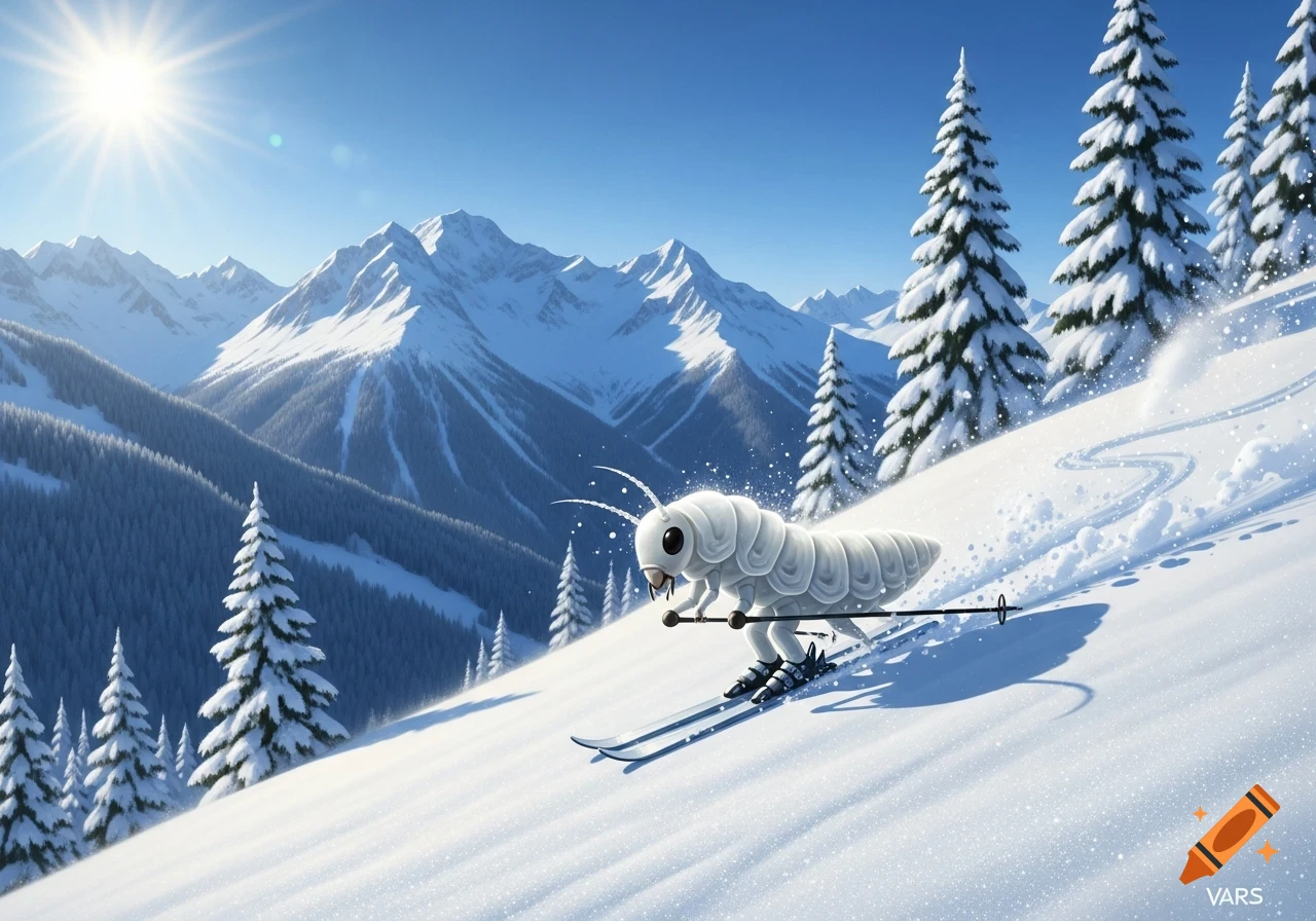 A shiny white maggot-like creature skis down a snowy mountain slope with pine trees under a bright sun.