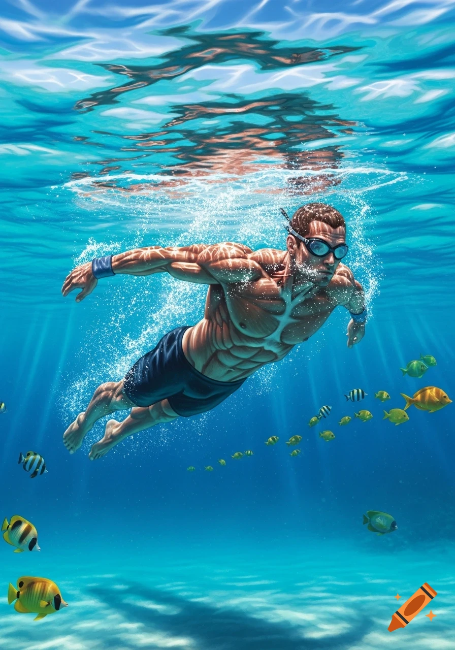 Muscular man in goggles and swim trunks swimming underwater in clear blue water with tropical fish and sunlight