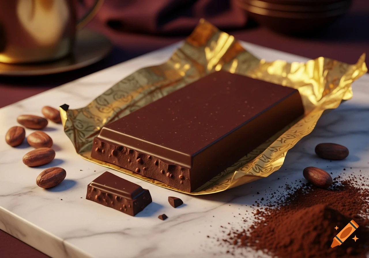 Photorealistic image of a chocolate bar in gold foil with cocoa beans and powder on a marble surface.