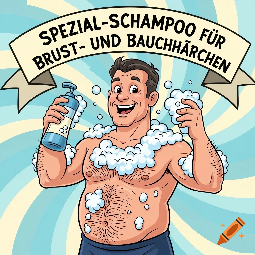 Humorous cartoon of a man with chest and stomach hair, covered in soap, holding a shampoo bottle. A banner reads "SPEZIAL-SCHAMPOO FÜR BRUST- UND BAUCHHÄRCHEN"