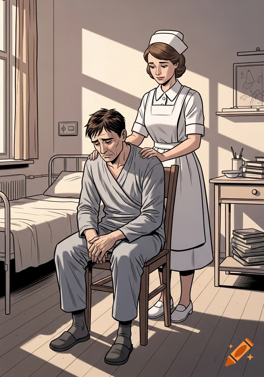 Graphic novel illustration of a sorrowful man in a patient gown sitting in a sanatorium room, a kind nurse gently comforts him.