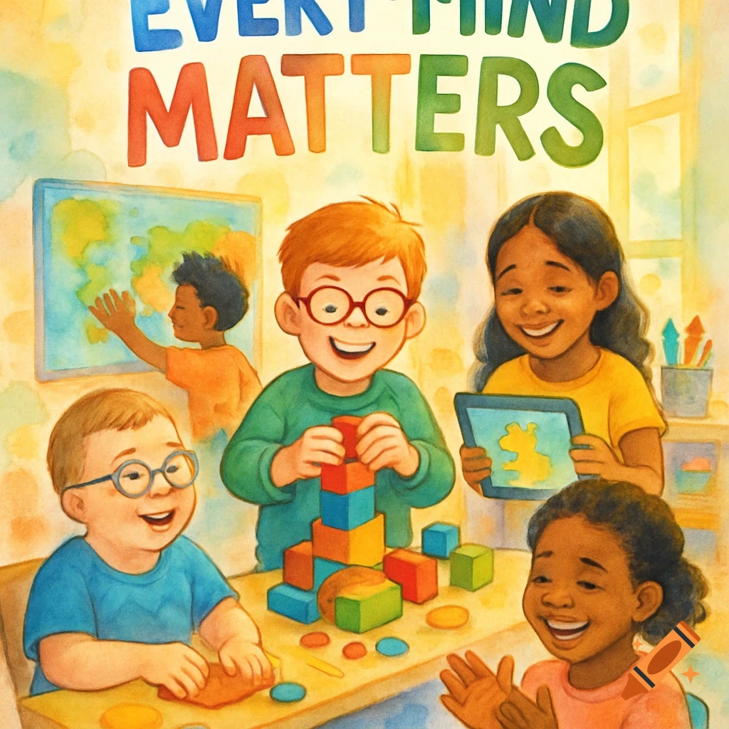 A watercolor illustration of diverse smiling children playing with blocks, clay, and a tablet in a classroom. Text reads 'EVERY MIND MATTERS'.