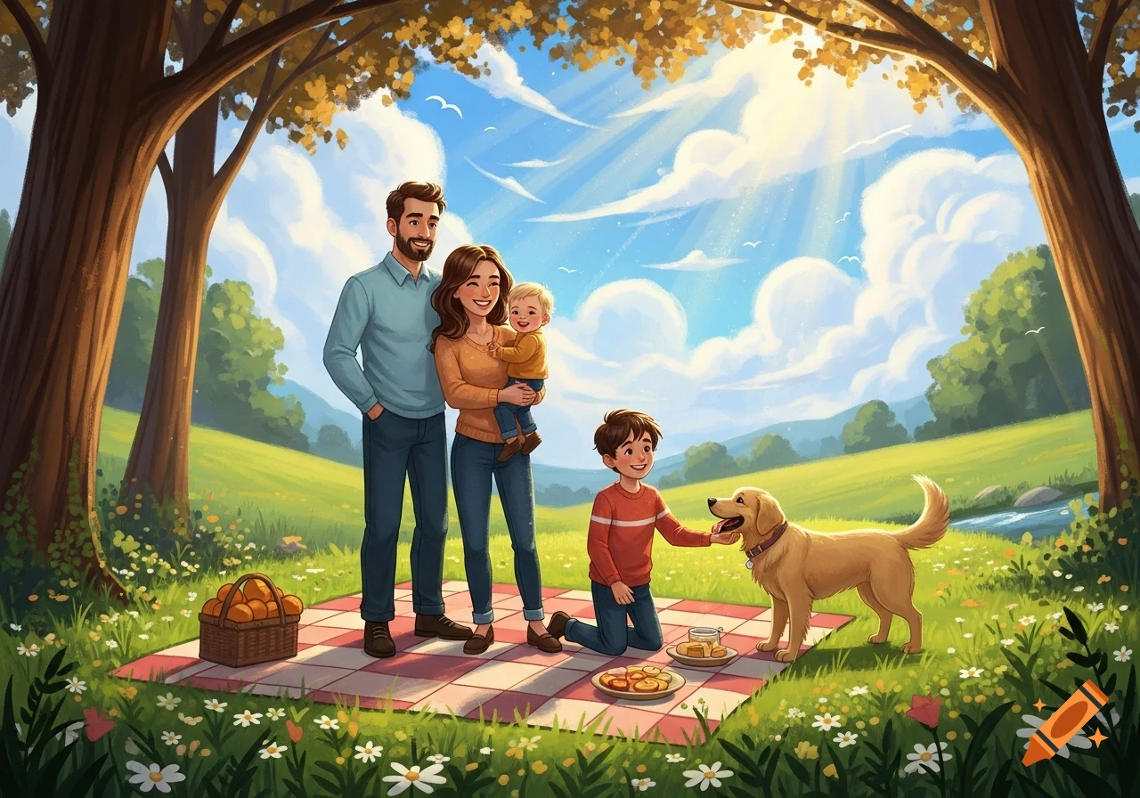 A happy cartoon family with two children and a golden retriever dog having a picnic under trees in a sunny, green park.