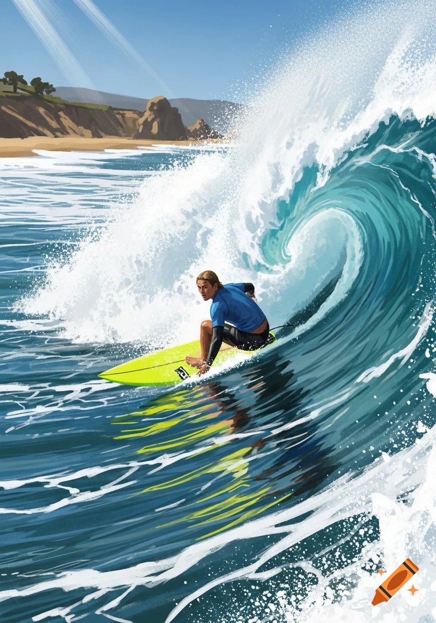 A surfer rides a large breaking wave on a yellow surfboard near a sandy beach with cliffs under a blue sky, in an illustrative style.